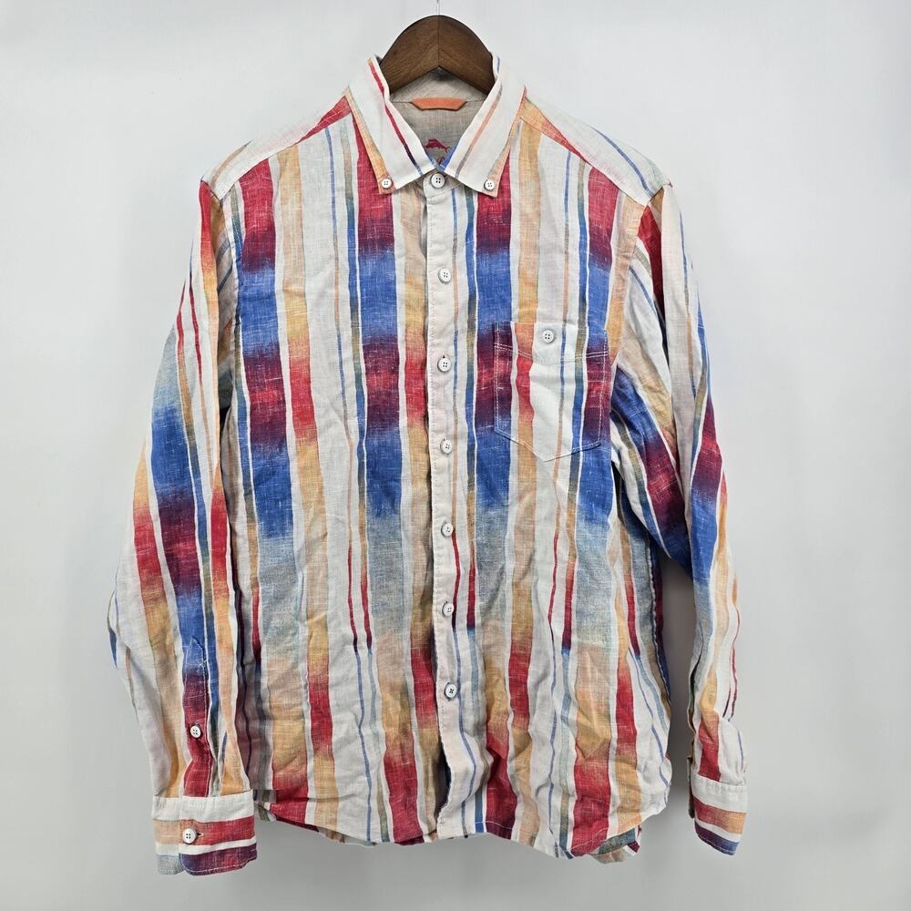 Tommy Bahama Mens Med 100% Linen Multi Color Watercolor Stripe Bttn Down Shirt - Picture 4 of 9